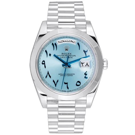 rolex day-date 40mm ice blue arabic dial platinum watch|Rolex Day-Date platinum baguette.